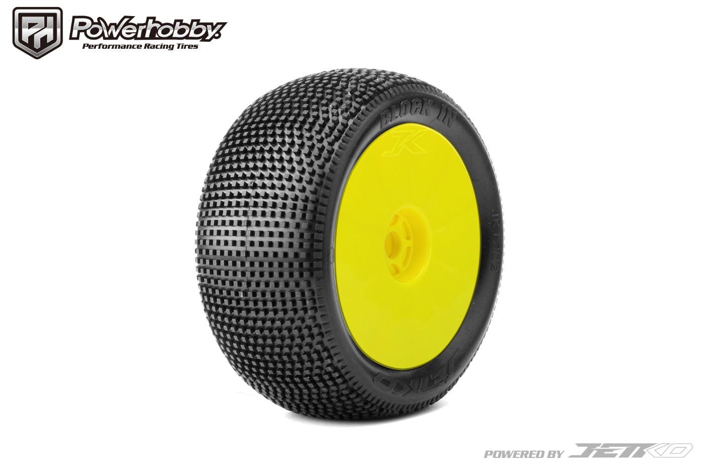 Powerhobby Block In 1/8 Truggy Mounted Tires Yellow Dish Wheels (2) Medium Soft