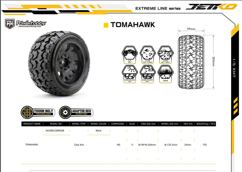 Powerhobby Tomahawk 1/5 Belted Tires (2) FOR Traxxas X-Maxx Arrma Losi DBXL-E